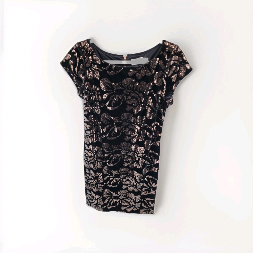 Eliza J Size 12 Velvet Sequin Floral Sheath Dress Black Gold Cocktail Party NWT